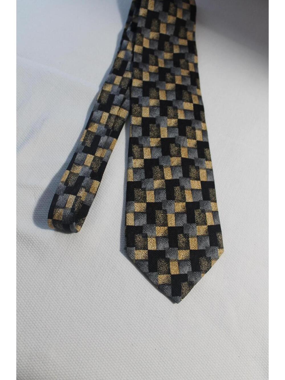 Vintage Bolgheri 4 X 60 Inch Silk Necktie, Black / Gray / Gold, Italy, XL Tie